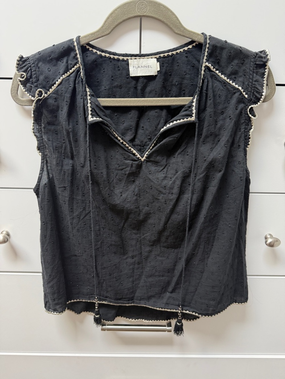Flannel Black Swiss Dot Tie-Front Sleeveless Top & matching mini with tassels